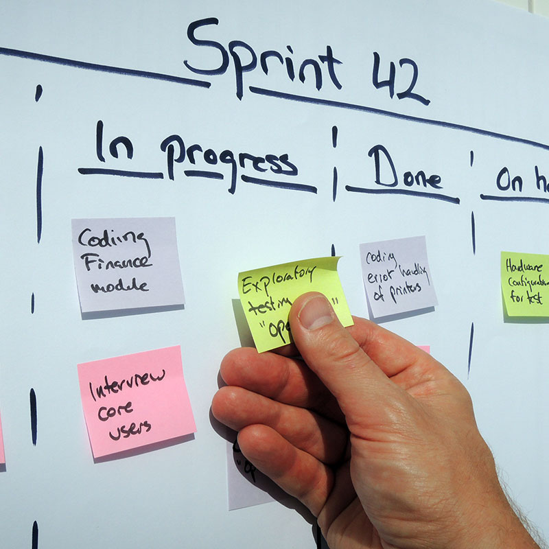 Putting postit note on whiteboard with agile planning processes