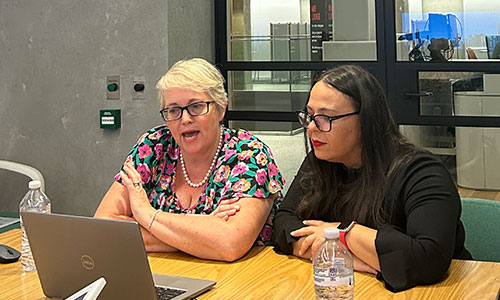 Caro working with client at desk