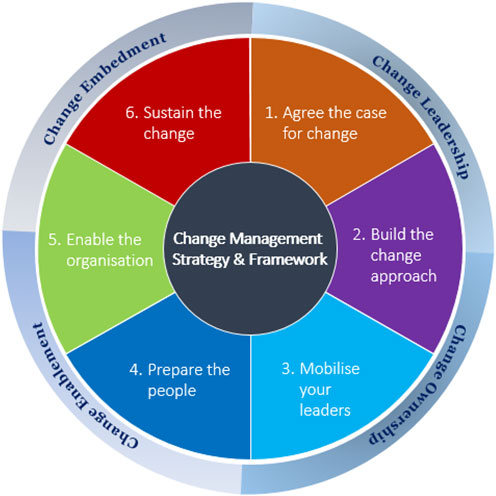 Diagram showing change management and strategy across leadership, ownership, enablement and embedment