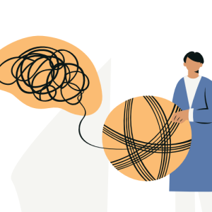 Tangled ball of string inside a person's head, representing confusion, with another person holding a neatly coiled ball, helping to untangle the confusion. 