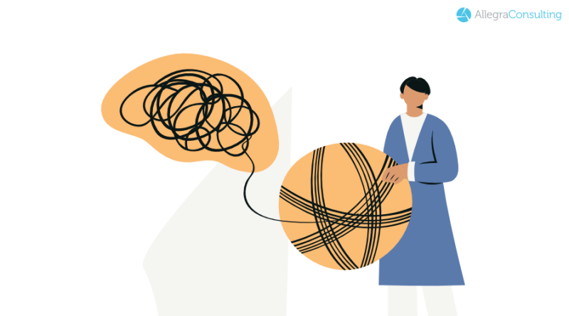 Tangled ball of string inside a person's head, representing confusion, with another person holding a neatly coiled ball, helping to untangle the confusion.
